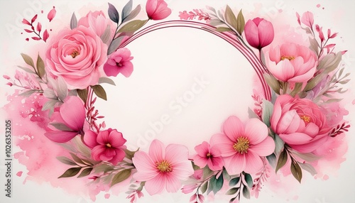 valentine s day frame with pink watercolor flowers romantic circle design with copy space