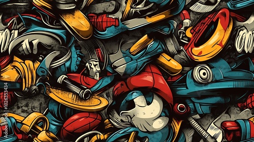 Wallpaper Mural Seamless graffiti pattern featuring basketballs, skateboards, and BMX bikes, surrounded by bold brushstrokes and neon splashes, layered on a rough concrete wall, Torontodigital.ca