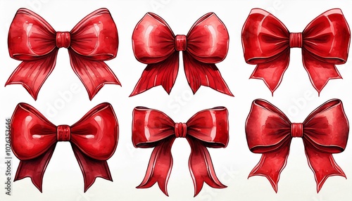 watercolor collection of red bows isolated on white background illustration for holiday and festive design best for christmas and winter holidays