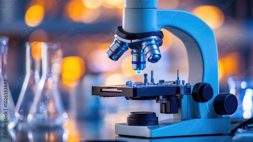 Close-up of a microscope with a liquid drop in a lab setting Close-up of a microscope with a liquid drop in a lab setting