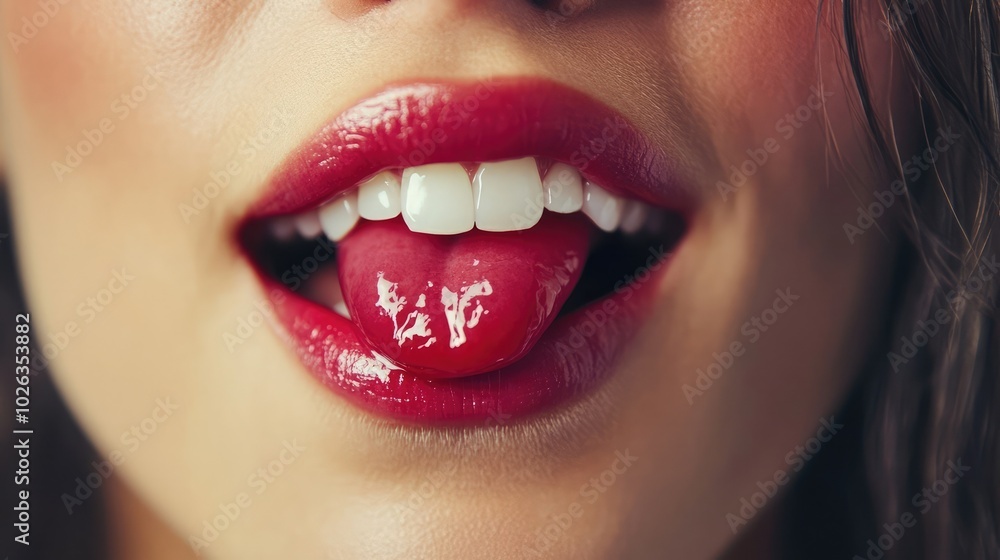 Close-up of a woman's mouth with liquid on her tongue Close-up of a woman's mouth with liquid on her tongue