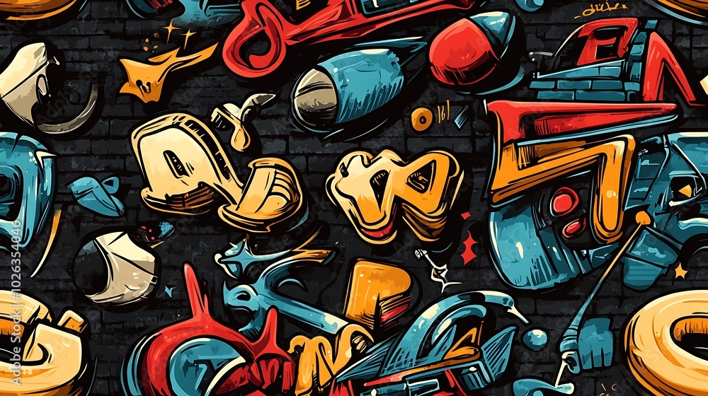 Obraz premium Seamless graffiti pattern featuring bubble letters, abstract symbols, and stylized numbers, surrounded by neon splashes and glowing accents,