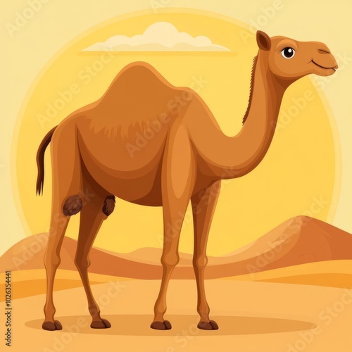 A cartoon-style illustration of a camel in a desert landscape.