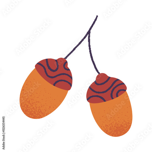 Vector autumn seasonal acorns with twig.Modern autumn element with texture in trendy style for banners,social media marketing,patterns,branding,packaging,covers, prints.