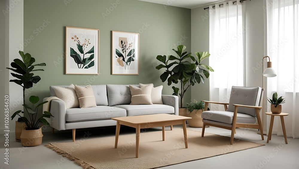 Wooden coffee table and lounge chair near gray sofa against green wall. Scandinavian home interior design of modern living room Wooden coffee table and lounge chair near gray sofa against green wall. Scandinavian home interior design of modern living room