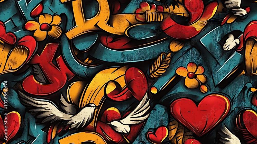 Fototapeta premium Seamless graffiti pattern featuring colorful hearts, peace signs, and doves, intertwined with vibrant flowers and neon brushstrokes,
