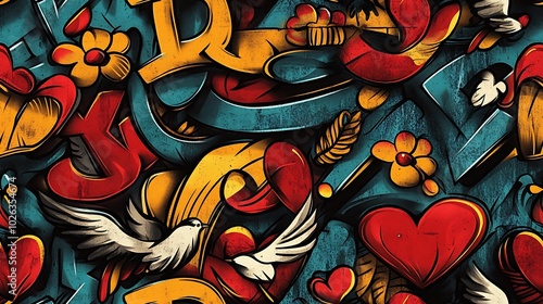 Wallpaper Mural Seamless graffiti pattern featuring colorful hearts, peace signs, and doves, intertwined with vibrant flowers and neon brushstrokes, Torontodigital.ca