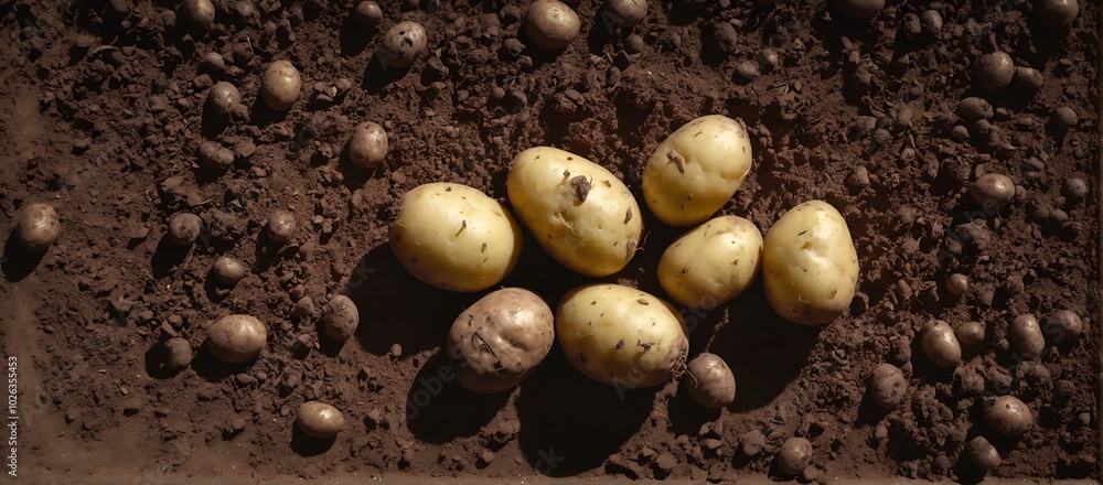 Raw potatoes from field on ground background. Top view flat lay.