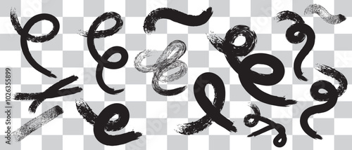 Collection colorful bold curved lines with loops isolated on white. Hand drawn bold grunge wavy and swirled brush strokes. Simple childish vector scribbles and squiggles. Creative trendy style design.
