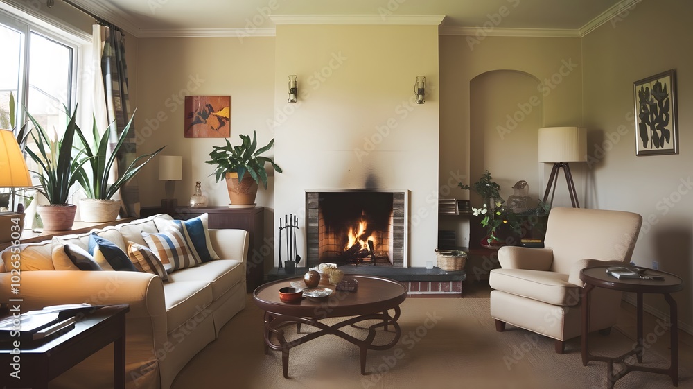 a living room with a fire place and a couch and chair in it and a table with a vase on it, Enguerrand Quarton, arts and crafts movement, unreal engine highly rendered, a digital rendering a living room with a fire place and a couch and chair in it and a table with a vase on it, Enguerrand Quarton, arts and crafts movement, unreal engine highly rendered, a digital rendering