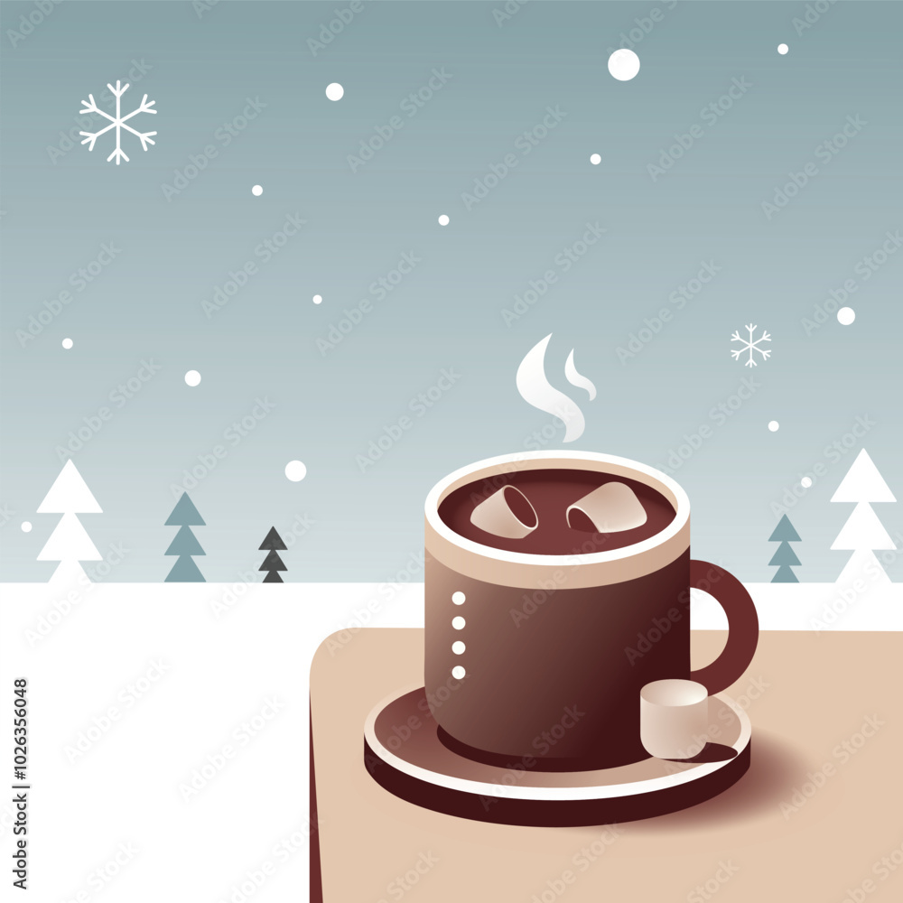 A steaming hot cup of coffee sits on a table against a snowy winter backdrop. Snowflakes gently fall as evergreen trees dot the serene, cold landscape, creating a cozy, warm ambiance.