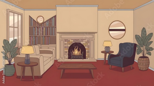 a living room with a fire place and a couch and chair in it and a table with a vase on it, Enguerrand Quarton, arts and crafts movement, unreal engine highly rendered, a digital rendering photo