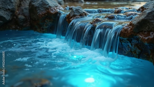 Waterfall cascading over rocks into a glowing blue pool below