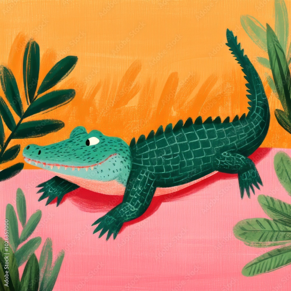 Fototapeta premium A playful illustration of a crocodile among vibrant foliage.
