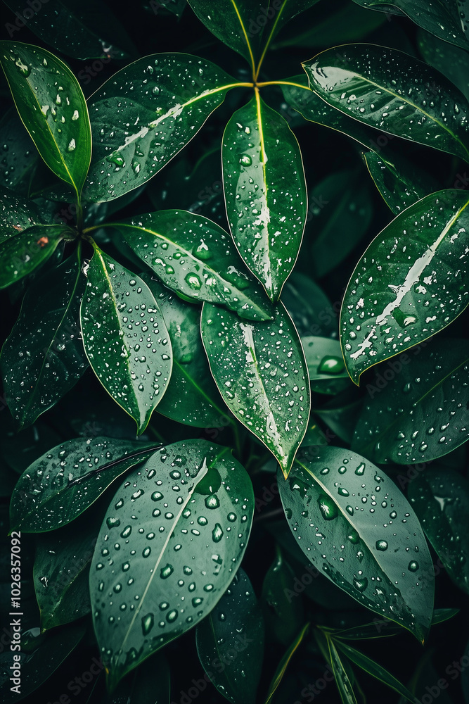 Fototapeta premium Natural Texture of Green Leaves Covered with Water Drops for Design