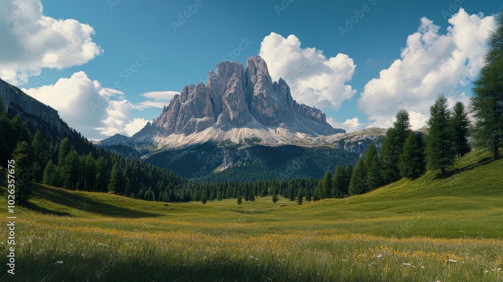 Obraz premium A picturesque view of a towering mountain peak rising above a lush green valley, dotted with wildflowers and a forest of pine trees. The sky is a vibrant blue with fluffy white clouds.