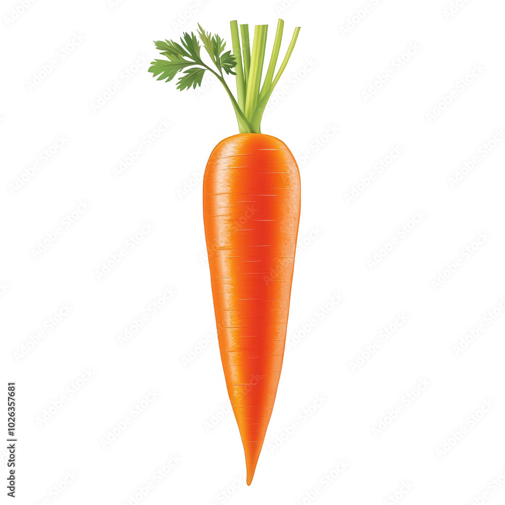 Fresh carrot with green leaves, white isolate background.