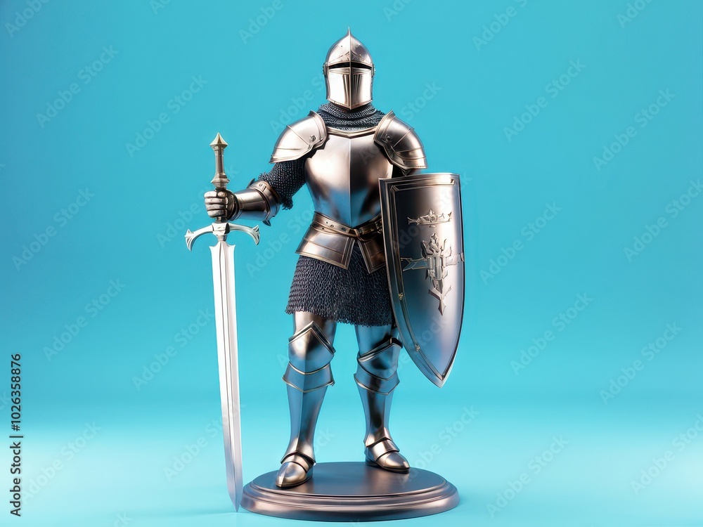 Naklejka premium A metallic knight figurine holding a sword and shield against a blue background.