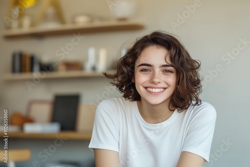 Beautiful girl with short, brown, curly hair wearing a white t-shirt, smiling