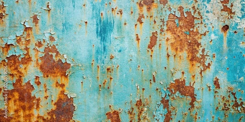 rusted metal surface with peeling light blue paint from high angle view