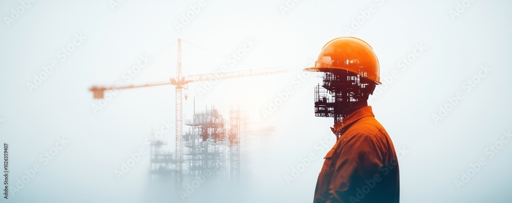 Heavy industry worker operating a crane close up, focus on, copy space Strong lighting and bold contrasts, Double exposure silhouette with industrial growth Heavy industry worker operating a crane close up, focus on, copy space Strong lighting and bold contrasts, Double exposure silhouette with industrial growth