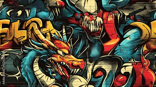 Wallpaper Mural Seamless graffiti pattern featuring vibrant dragons, phoenixes, and abstract mythological symbols, intertwined with bold neon colors and dynamic brushstrokes, Torontodigital.ca