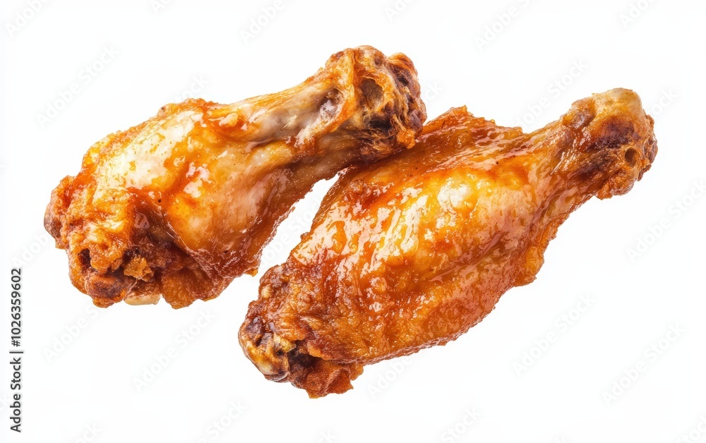 Fried chicken wing flying through the air against a pure white background. Fried chicken wing flying through the air against a pure white background.