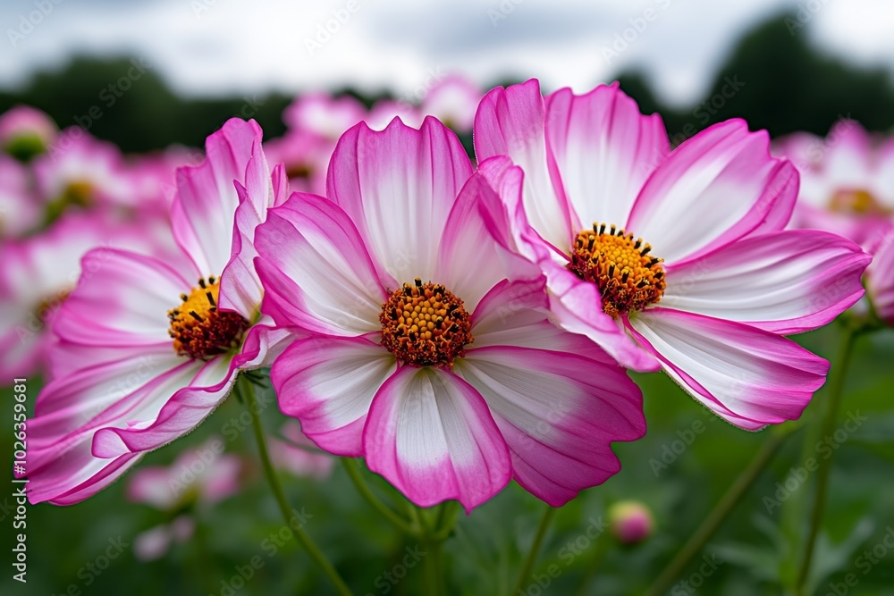 Field of cosmos flowers in soft shades of pink and white, stretching out across a countryside landscape, with a soft breeze gently moving the blooms Field of cosmos flowers in soft shades of pink and white, stretching out across a countryside landscape, with a soft breeze gently moving the blooms