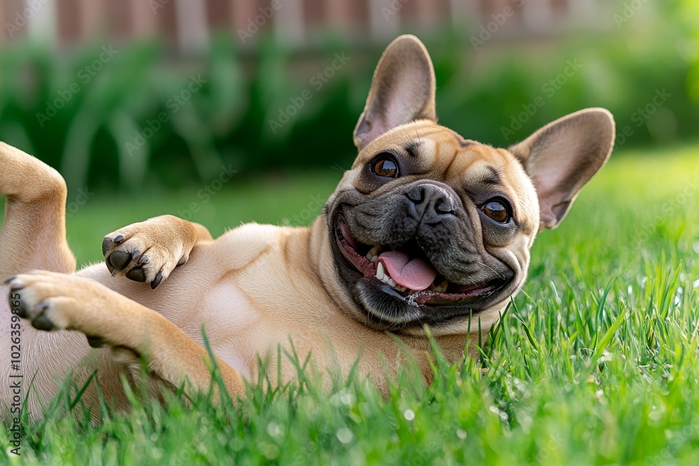 Fototapeta premium French Bulldog rolling in the grass, kicking its legs in the air with a big, goofy smile on its face, enjoying the warm sun