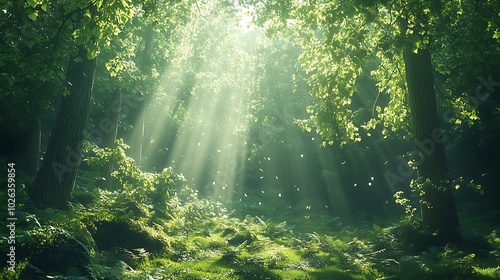 A serene forest scene with sunlight streaming through lush green leaves, creating a peaceful and inviting atmosphere in nature.