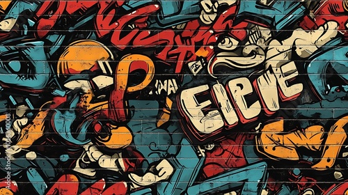 Wallpaper Mural Seamless graffiti pattern incorporating bubble letters, sharp-edged characters, and wildstyle numbers, highlighted with glowing neon colors and dynamic paint splashes, Torontodigital.ca