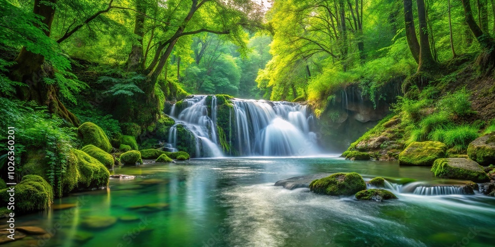 Scenic view of flowing river in lush green forest landscape Scenic view of flowing river in lush green forest landscape