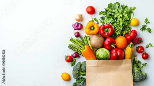 Grocery bag with vegetables and fruits on a white background. Top view and flat lay design concept. 