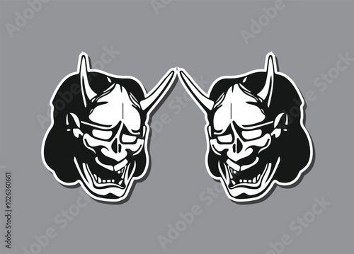 Japanese mask. Gray background. Kabuki mask.