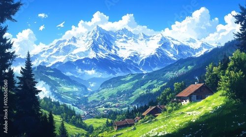 A picturesque view of a valley nestled between snow-capped mountains, with lush green meadows and charming houses, under a bright blue sky.