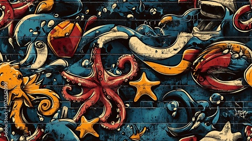 Seamless graffiti pattern incorporating sea creatures like octopuses, starfish, and seahorses, highlighted with neon accents and dynamic paint splashes, set against a distressed city wall, photo