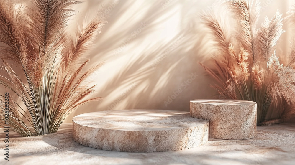 Minimalist stone podium set against a blurred 3D backdrop, ideal for showcasing cosmetic products. Symbolizes balance, purity, and natural beauty in a futuristic, serene setting
