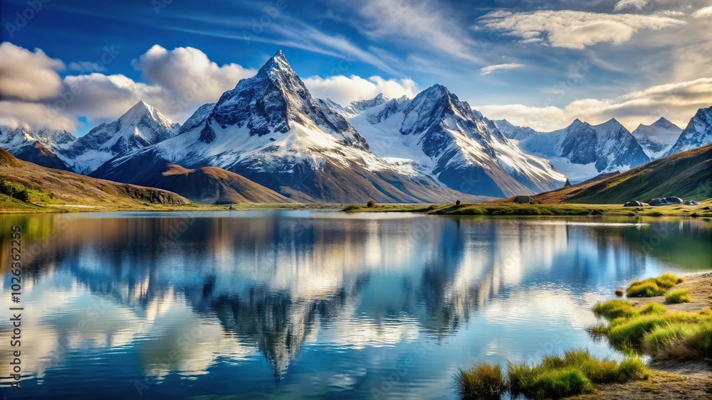 Snowy mountain landscape with tilted angle, showcasing mountains and a lake Snowy mountain landscape with tilted angle, showcasing mountains and a lake