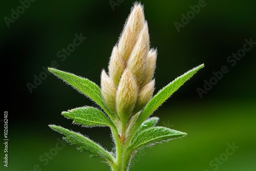 Hyper-detailed shot of a Pasque flower bud, where every texture of the plantâ€™s emerging petals and its fine, velvety stem is captured in lifelike clarity photo