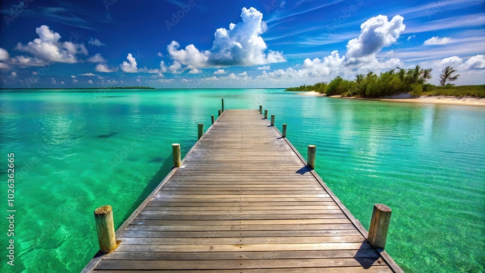 Obraz premium Scenic view of Sapodilla Bay dock with greenish-tinted island in Turks and Caicos Islands