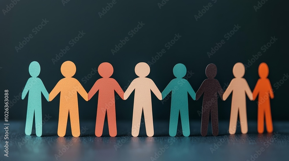 Artistic arrangement of paper-cut human shapes in various colors, holding hands, symbolizing unity in diversity and the importance of mutual support and cooperation Artistic arrangement of paper-cut human shapes in various colors, holding hands, symbolizing unity in diversity and the importance of mutual support and cooperation
