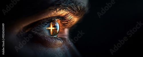An eye illuminated by the image of a cross, portraying devotion and the personal connection to spiritual growth, the Bible, and the presence of Jesus