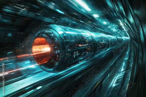 Futuristic high-speed train traveling through a tunnel at a fast speed with a glowing red light.
