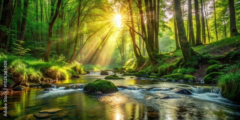 Obraz premium Scenic view of sunlight reflecting on stream in lush forest