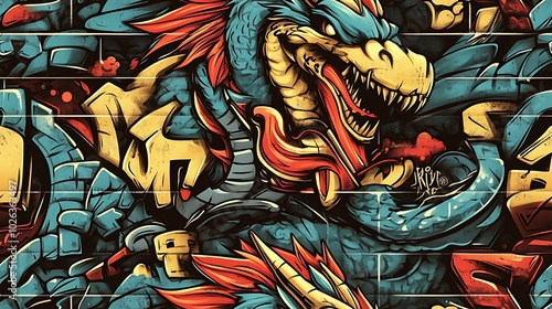 Wallpaper Mural Seamless graffiti pattern with dragons, phoenixes, and enchanted runes, highlighted by bright neon colors and glowing brushstrokes, spray-painted on a dark concrete wall, Torontodigital.ca