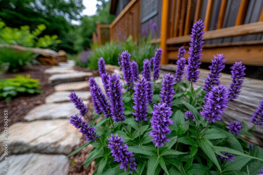 Naklejka premium Lamium Purpureum in a cottage garden, its soft purple hues blending with the rustic surroundings of stone paths, wooden fences, and climbing vines