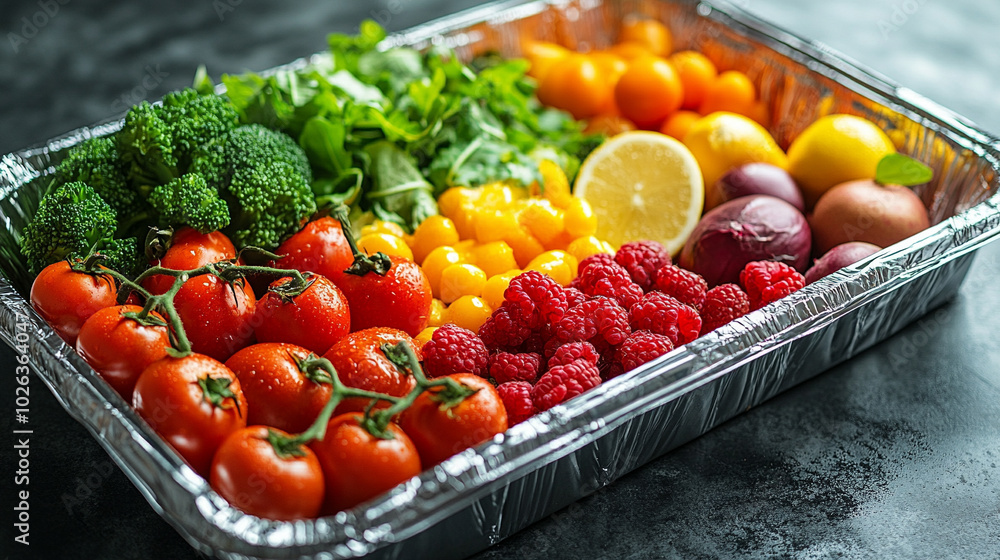 takeaway food container filled with fresh, colorful vegetables. The image symbolizes convenience, healthy eating, sustainability, and a balanced lifestyle, emphasizing natural ingredients takeaway food container filled with fresh, colorful vegetables. The image symbolizes convenience, healthy eating, sustainability, and a balanced lifestyle, emphasizing natural ingredients
