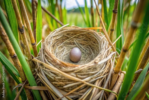 Nest of Common Reed Warbler with Common Cuckoo egg photo