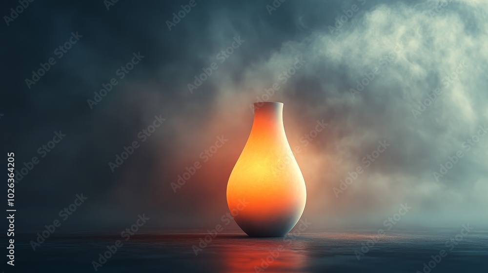 A vase with a light inside of it is sitting on a wet surface A vase with a light inside of it is sitting on a wet surface
