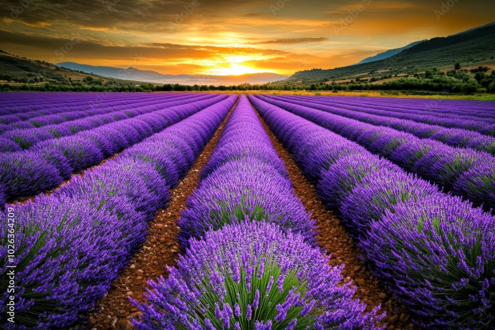 Obraz premium Lavender field at sunrise, with rows of purple flowers gently swaying in the breeze, framed by a golden glow from the rising sun